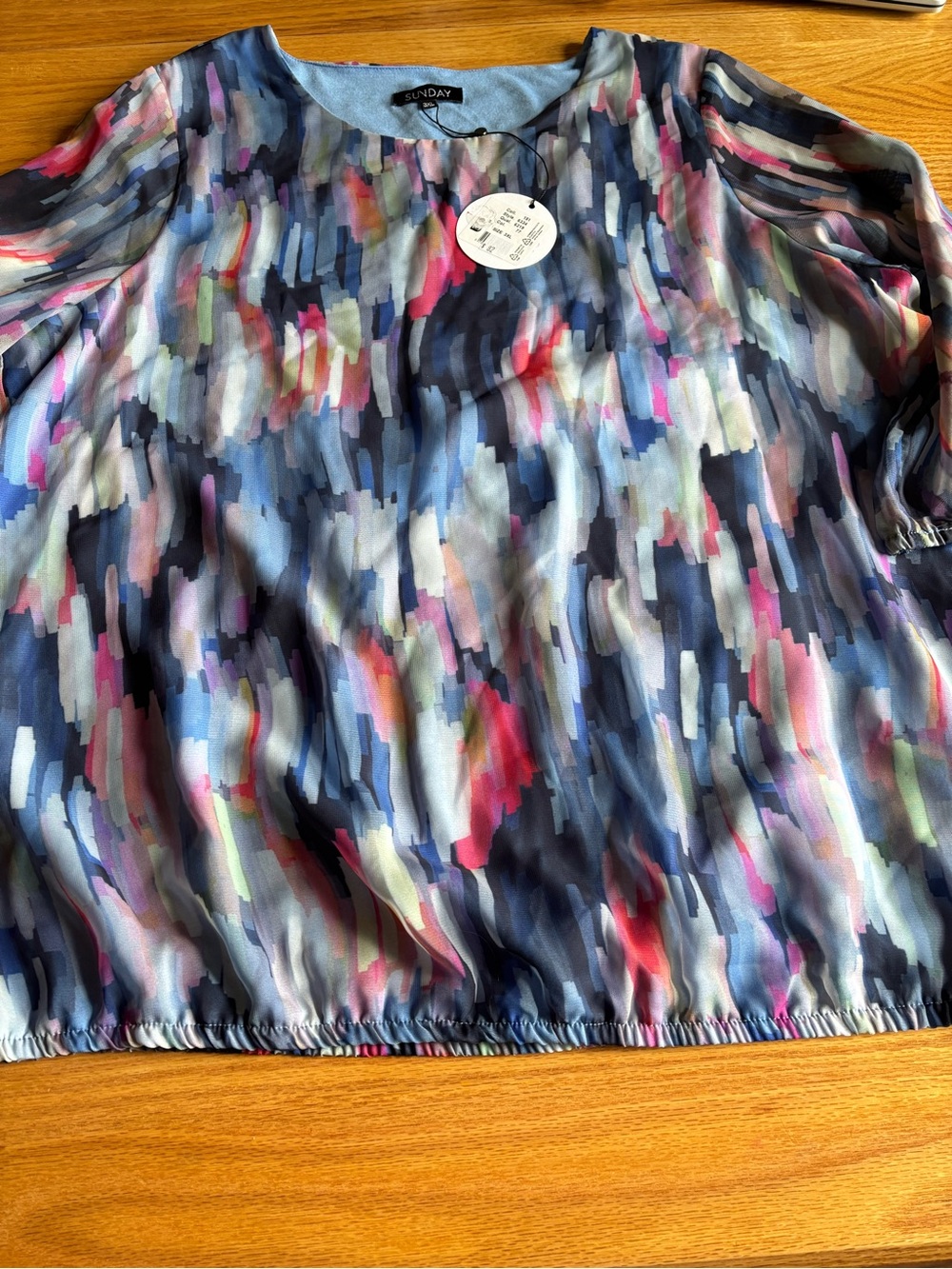 Sunday Lotti Watercolor Blouse 3X Blue Multicolor Abstract Print Lightweight New